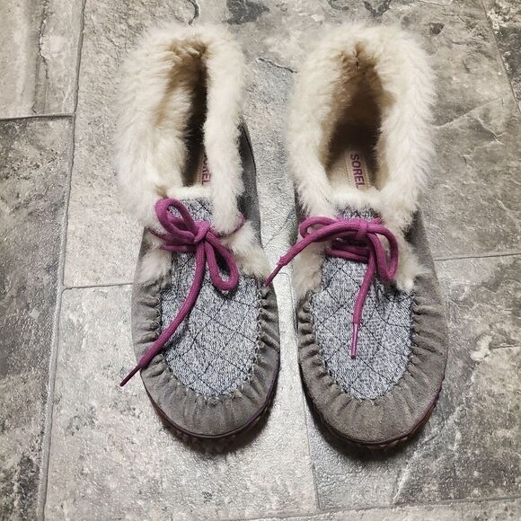 Sorel X Anthropologie Out N About High Cut Moccasin Suede Gray Purple Slippers - Picture 3 of 10